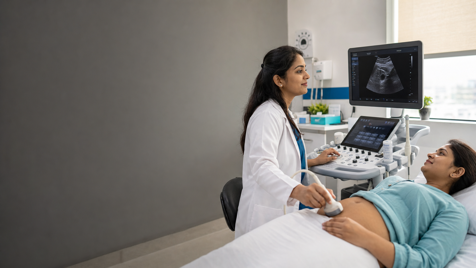 Sonographer performing an abdominal ultrasound examination